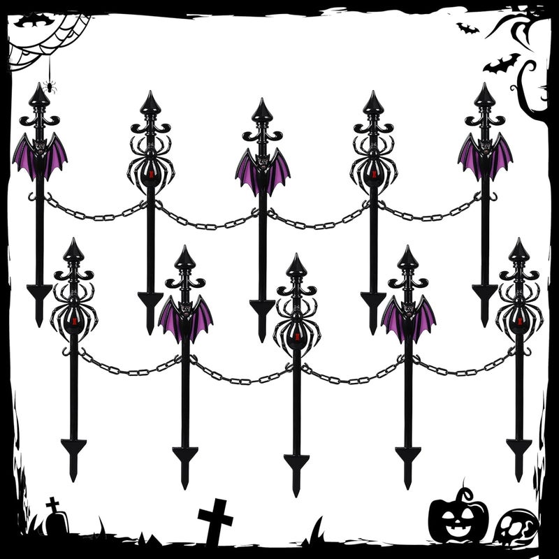 Vercraft 10 Pack Halloween Fence for Garden Outdoor Halloween Yard Decorations Lawn Stake with Connecting Chain Spooky Cemetery Decor for Outdoor Yard Graveyard Pathway Haunted House Party(Bat Spider) - Image 1